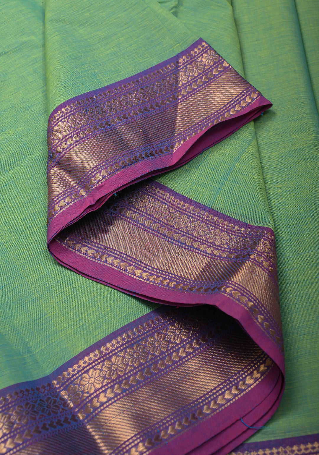 Emerald Green Kanchi Cotton Saree with Contrast Zari Border | No Blouse piece