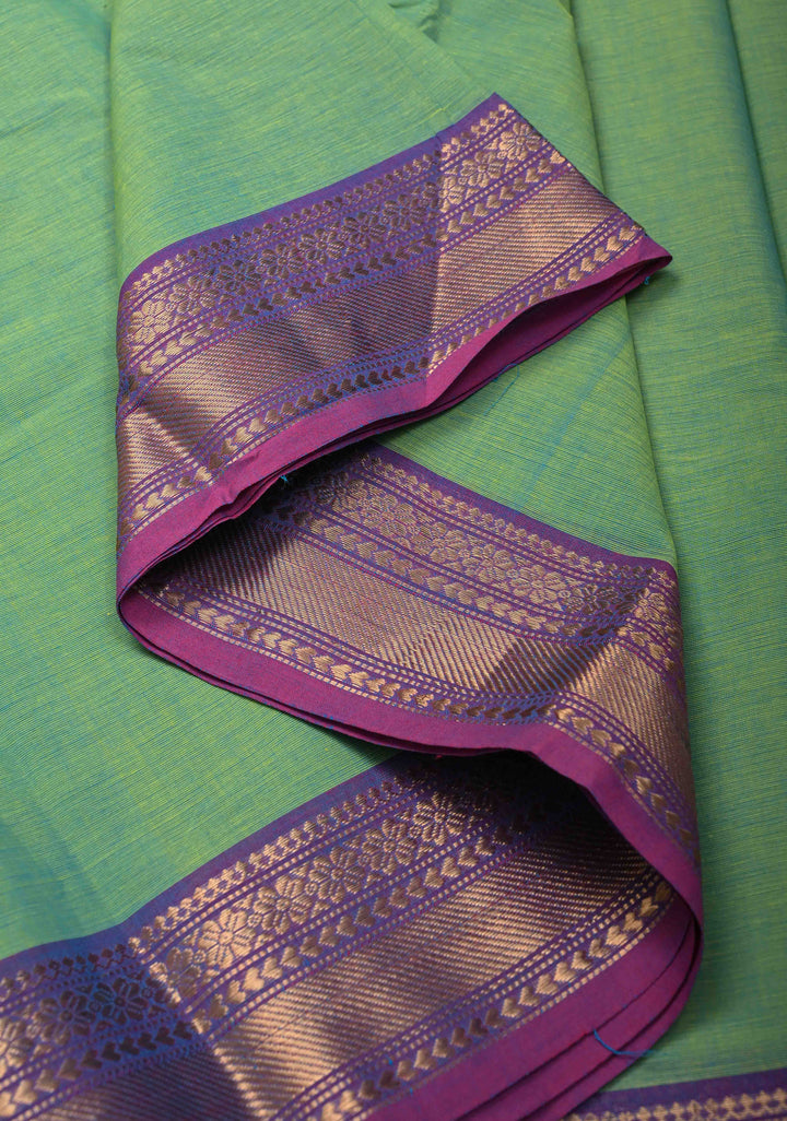 Emerald Green Kanchi Cotton Saree with Contrast Zari Border | No Blouse piece
