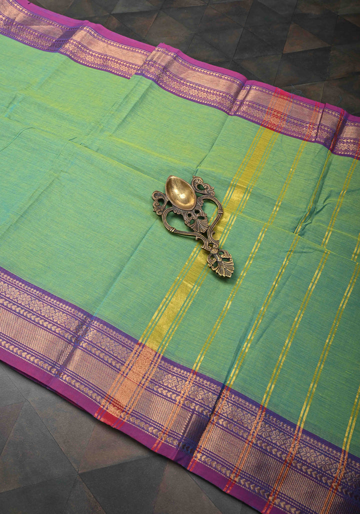 Emerald Green Kanchi Cotton Saree with Contrast Zari Border | No Blouse piece