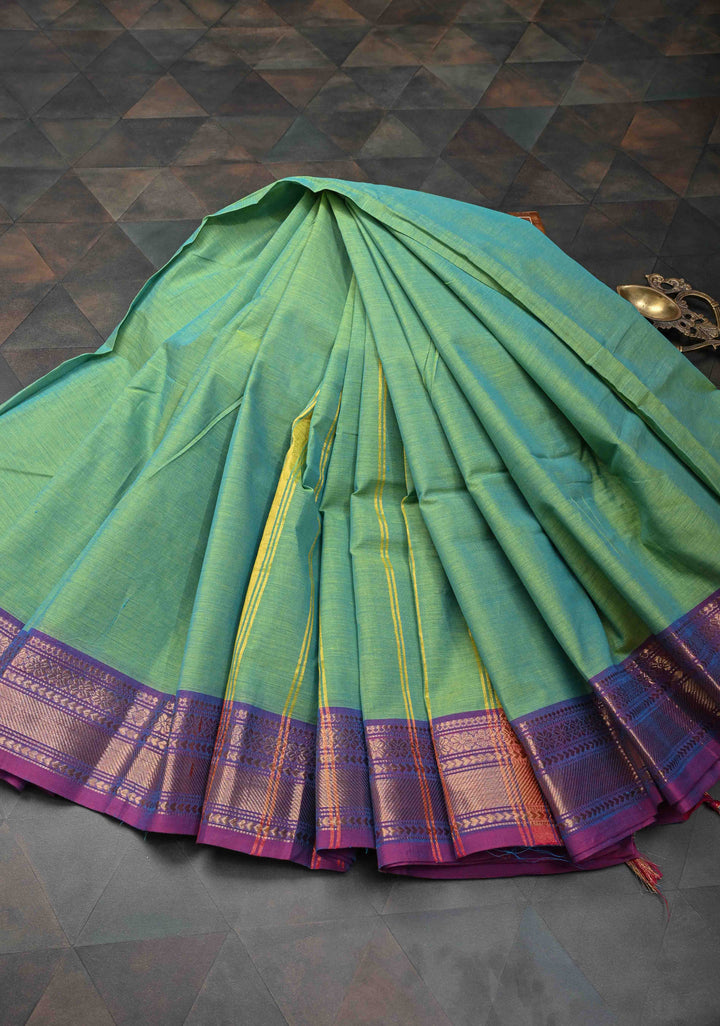 Emerald Green Kanchi Cotton Saree with Contrast Zari Border | No Blouse piece