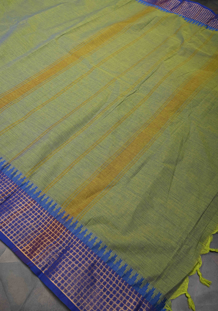 Moss green Kanchi Cotton Saree with temple border, No Blouse piece