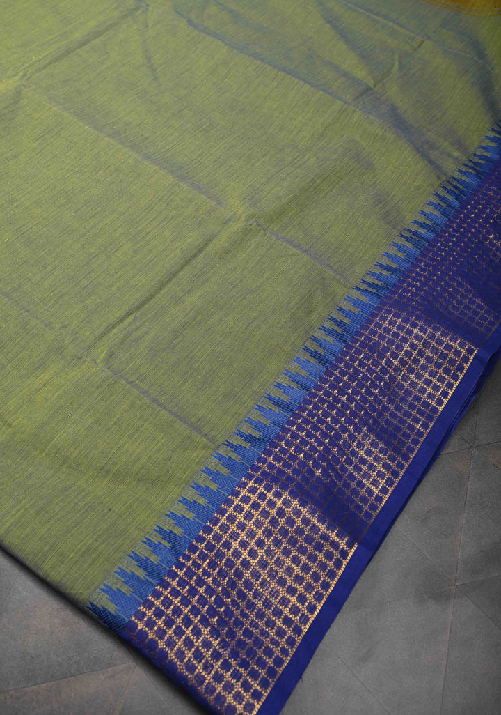 Moss green Kanchi Cotton Saree with temple border, No Blouse piece