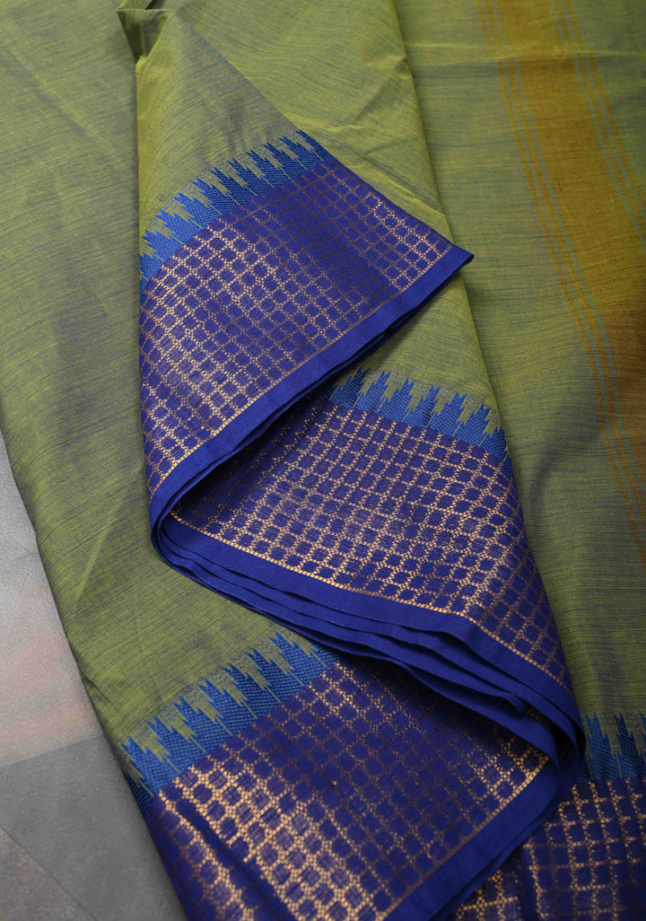 Moss green Kanchi Cotton Saree with temple border, No Blouse piece