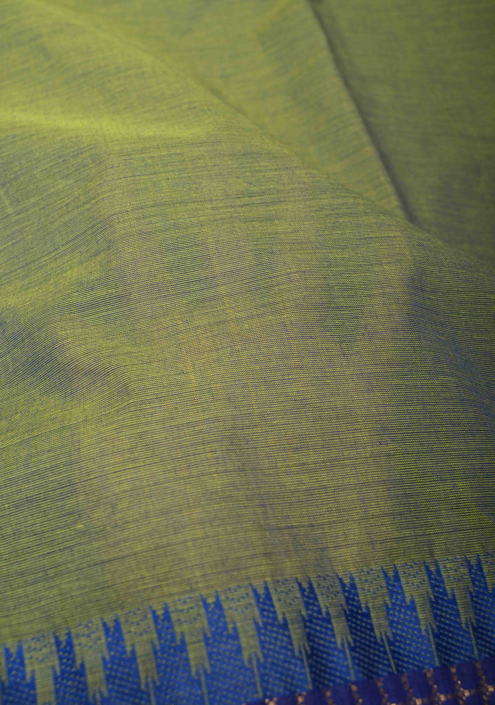 Moss green Kanchi Cotton Saree with temple border, No Blouse piece