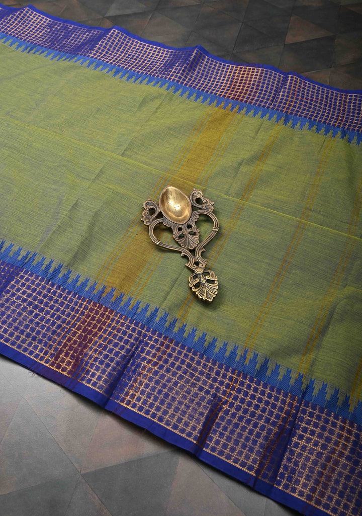 Moss green Kanchi Cotton Saree with temple border, No Blouse piece