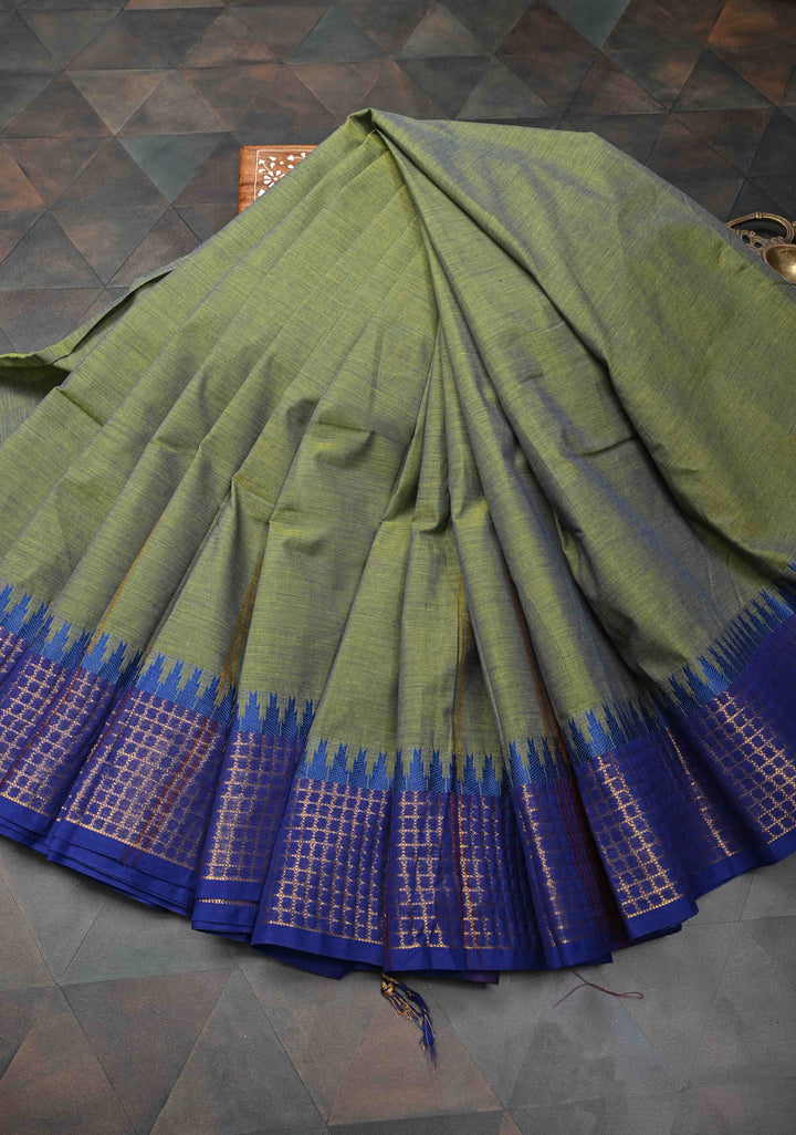 Moss green Kanchi Cotton Saree with temple border, No Blouse piece