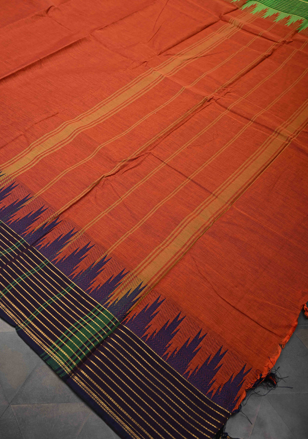 Rust Orange Kanchi Cotton Saree with Temple Ganga Jamuna Border | No Blouse piece
