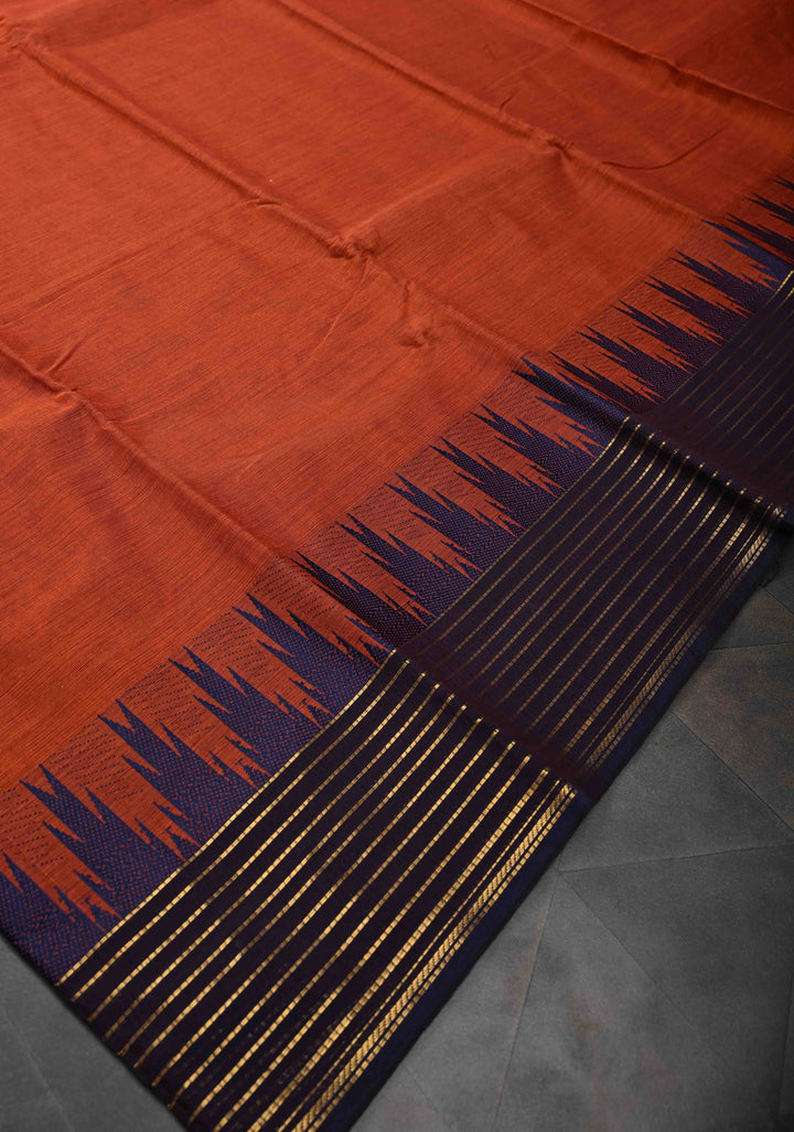 Rust Orange Kanchi Cotton Saree with Temple Ganga Jamuna Border | No Blouse piece