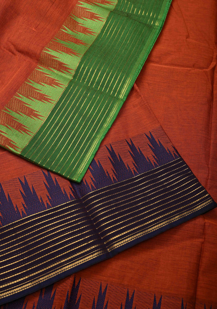 Rust Orange Kanchi Cotton Saree with Temple Ganga Jamuna Border | No Blouse piece