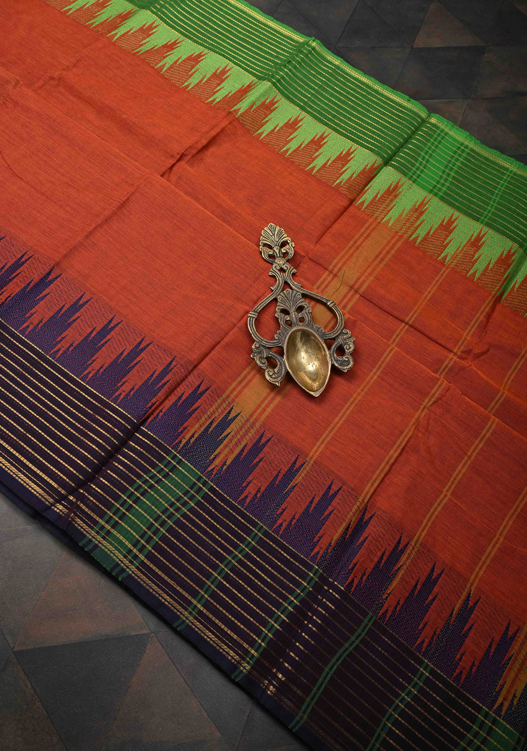 Rust Orange Kanchi Cotton Saree with Temple Ganga Jamuna Border | No Blouse piece