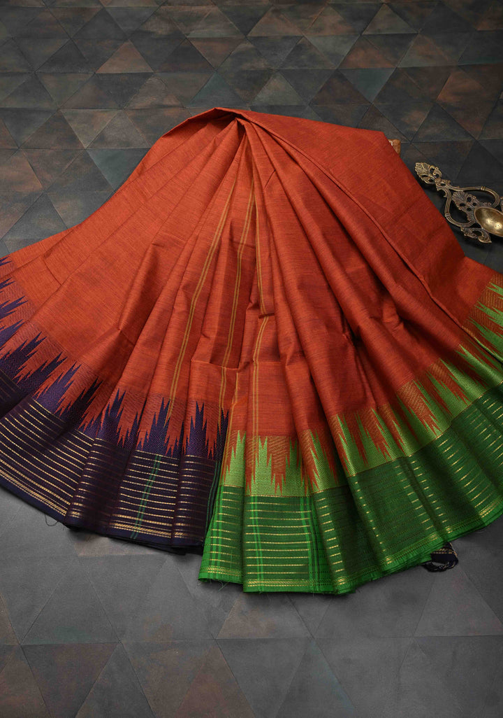 Rust Orange Kanchi Cotton Saree with Temple Ganga Jamuna Border | No Blouse piece