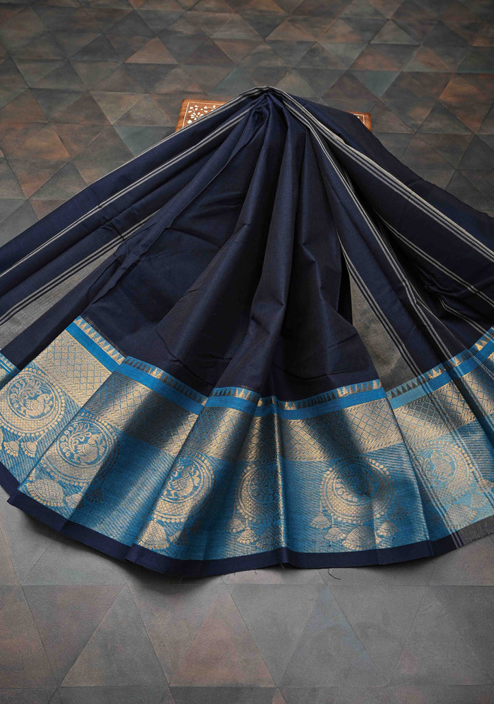 Dark blue Kanchi Cotton Saree with Distinct Peacock mandla motifs on Contrast zari border , No Blouse piece