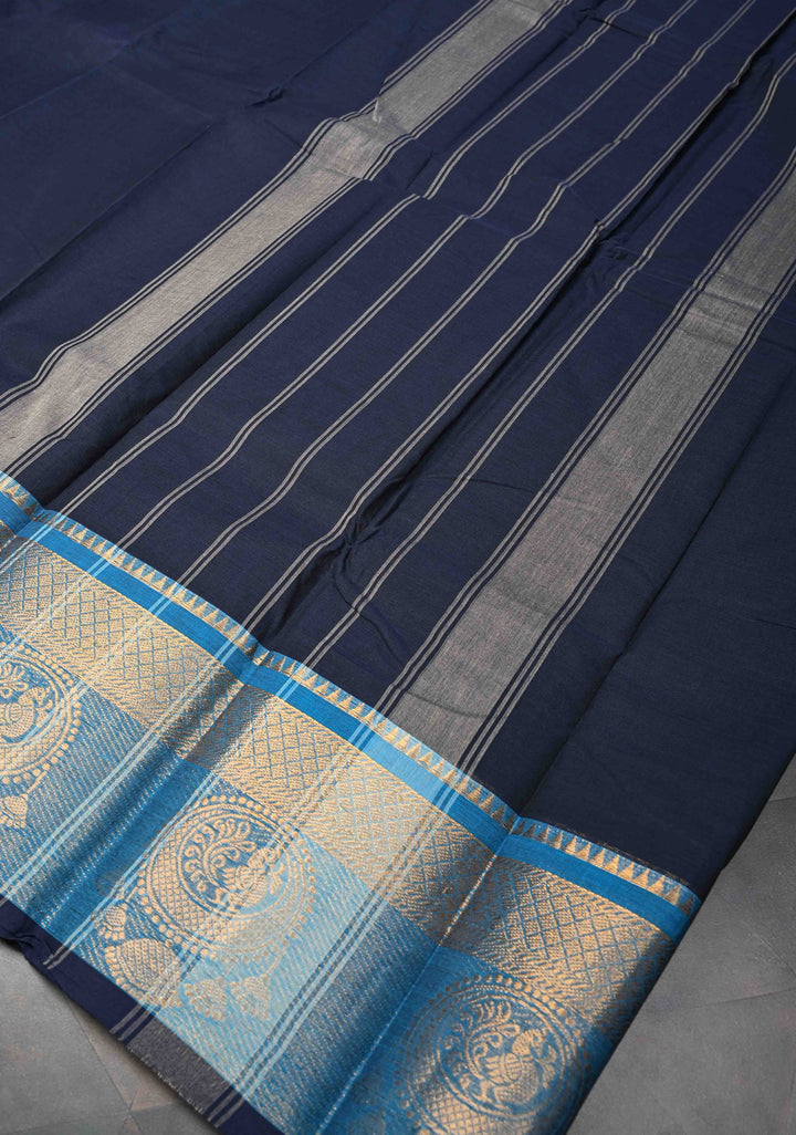 Dark blue Kanchi Cotton Saree with Distinct Peacock mandla motifs on Contrast zari border , No Blouse piece