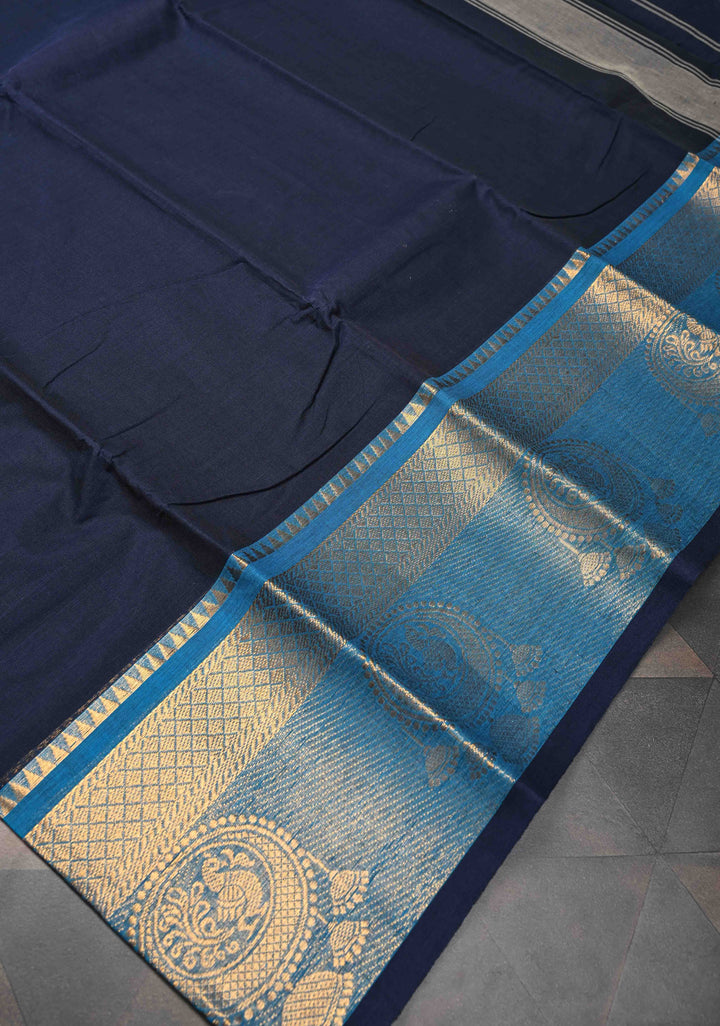 Dark blue Kanchi Cotton Saree with Distinct Peacock mandla motifs on Contrast zari border , No Blouse piece