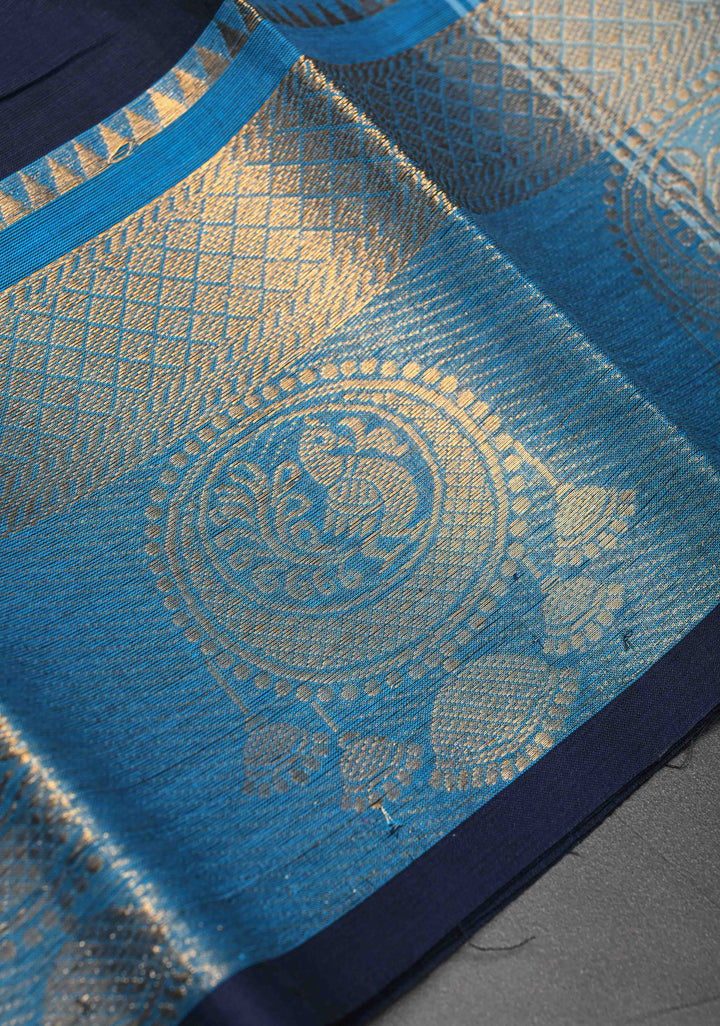 Dark blue Kanchi Cotton Saree with Distinct Peacock mandla motifs on Contrast zari border , No Blouse piece