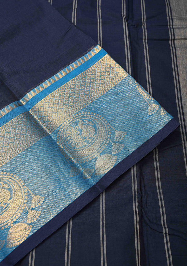 Dark blue Kanchi Cotton Saree with Distinct Peacock mandla motifs on Contrast zari border , No Blouse piece