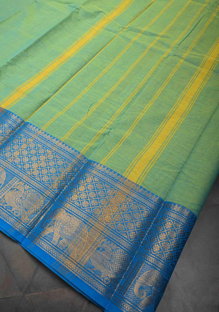 Emerald Green Kanchi Cotton Saree with Contrast Zari Border | No Blouse piece