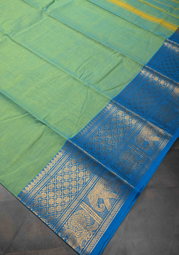 Emerald Green Kanchi Cotton Saree with Contrast Zari Border | No Blouse piece