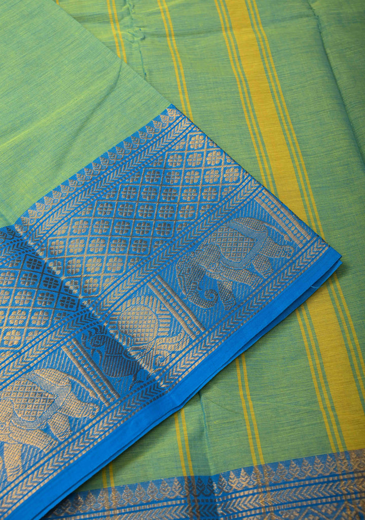 Emerald Green Kanchi Cotton Saree with Contrast Zari Border | No Blouse piece