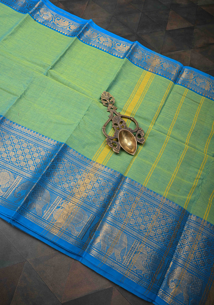 Emerald Green Kanchi Cotton Saree with Contrast Zari Border | No Blouse piece