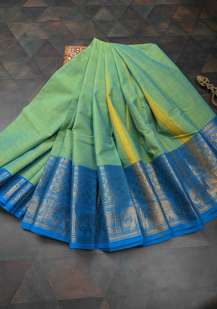 Emerald Green Kanchi Cotton Saree with Contrast Zari Border | No Blouse piece