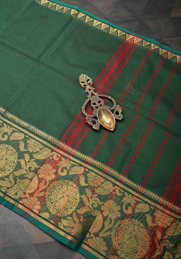 Hunter green Kanchi Cotton Saree with peacock Mandala And floral Zari border , No Blouse piece