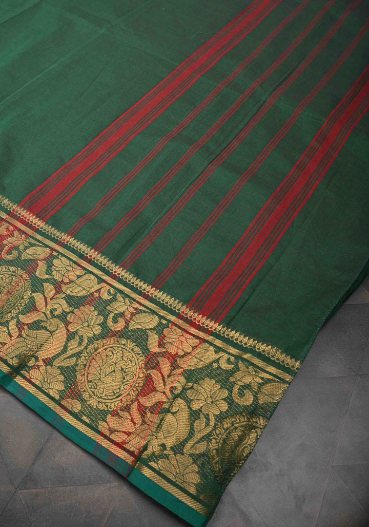Hunter green Kanchi Cotton Saree with peacock Mandala And floral Zari border , No Blouse piece