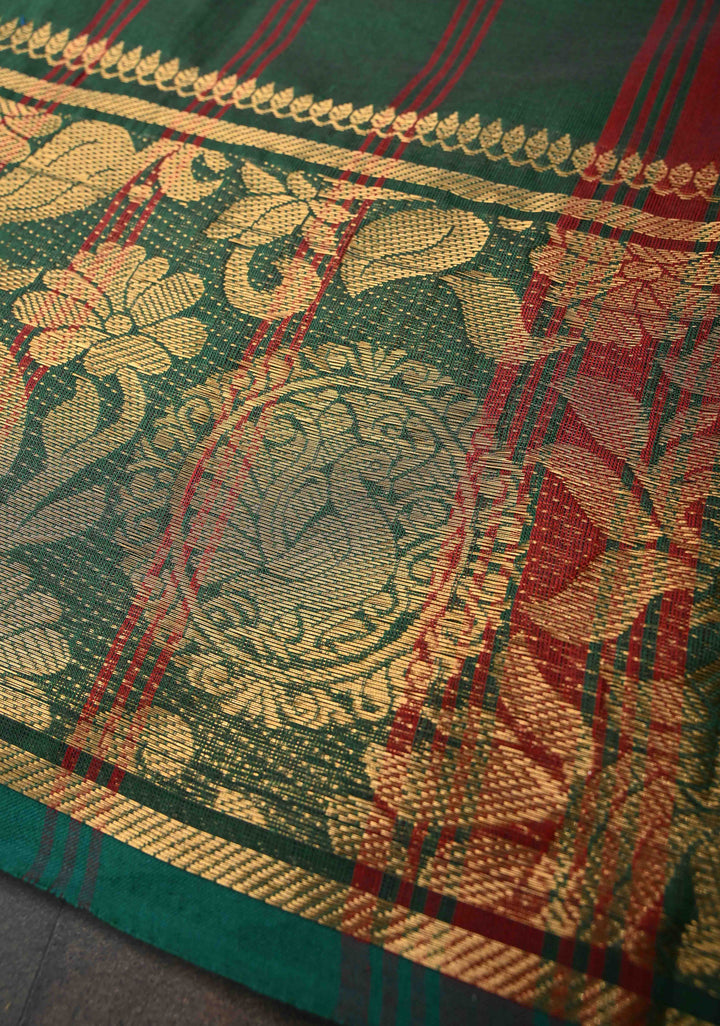Hunter green Kanchi Cotton Saree with peacock Mandala And floral Zari border , No Blouse piece