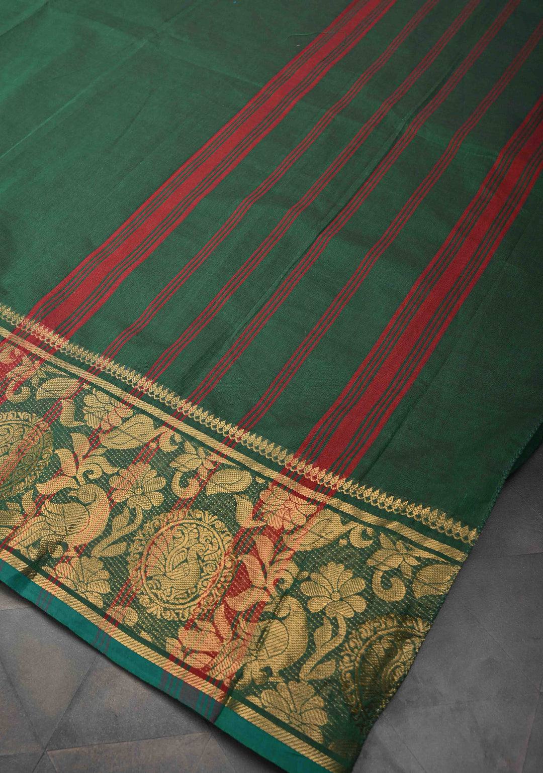 Hunter green Kanchi Cotton Saree with peacock Mandala And floral Zari border , No Blouse piece