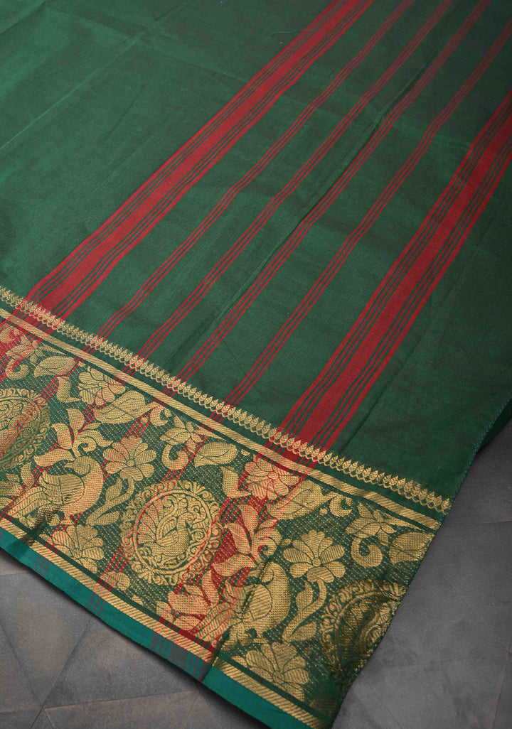 Hunter green Kanchi Cotton Saree with peacock Mandala And floral Zari border , No Blouse piece