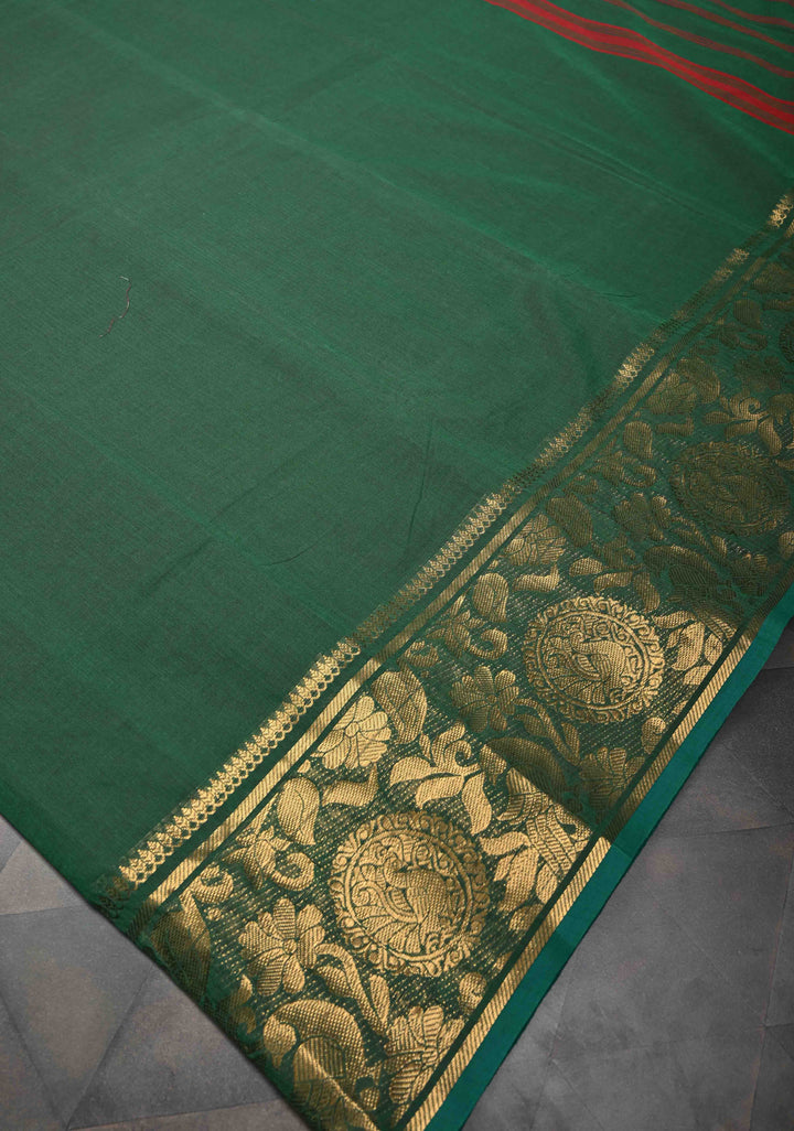 Hunter green Kanchi Cotton Saree with peacock Mandala And floral Zari border , No Blouse piece
