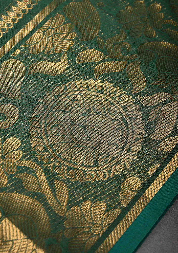 Hunter green Kanchi Cotton Saree with peacock Mandala And floral Zari border , No Blouse piece