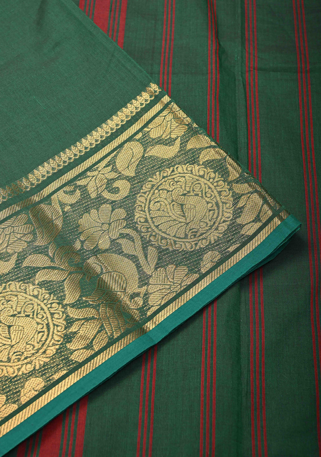 Hunter green Kanchi Cotton Saree with peacock Mandala And floral Zari border , No Blouse piece