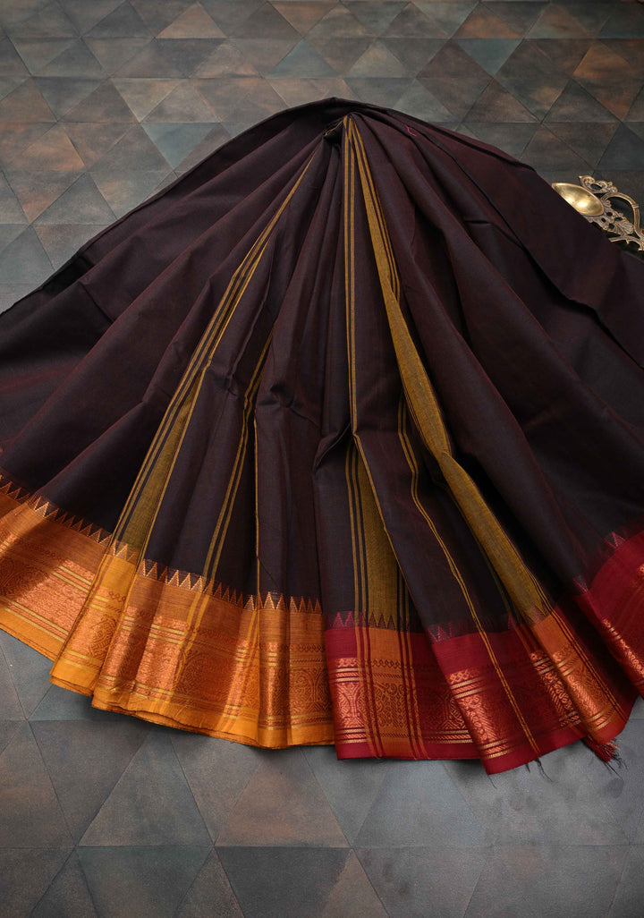 Deep Brown Kanchi Cotton Saree with Ganga Jamuna Zari Border | No Blouse piece