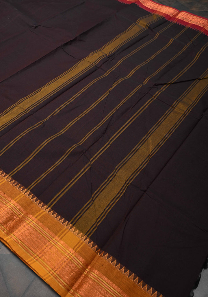 Deep Brown Kanchi Cotton Saree with Ganga Jamuna Zari Border | No Blouse piece