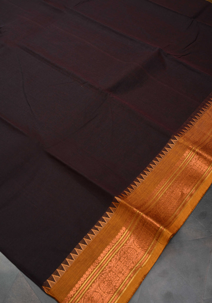 Deep Brown Kanchi Cotton Saree with Ganga Jamuna Zari Border | No Blouse piece