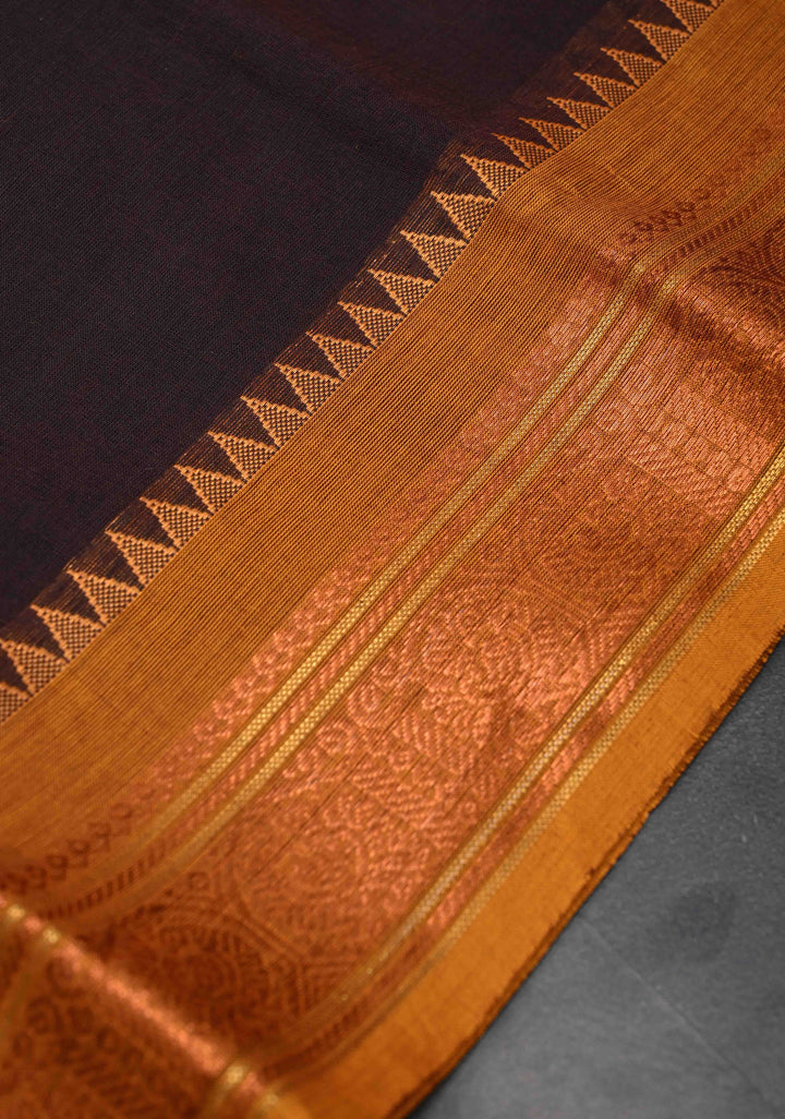 Deep Brown Kanchi Cotton Saree with Ganga Jamuna Zari Border | No Blouse piece