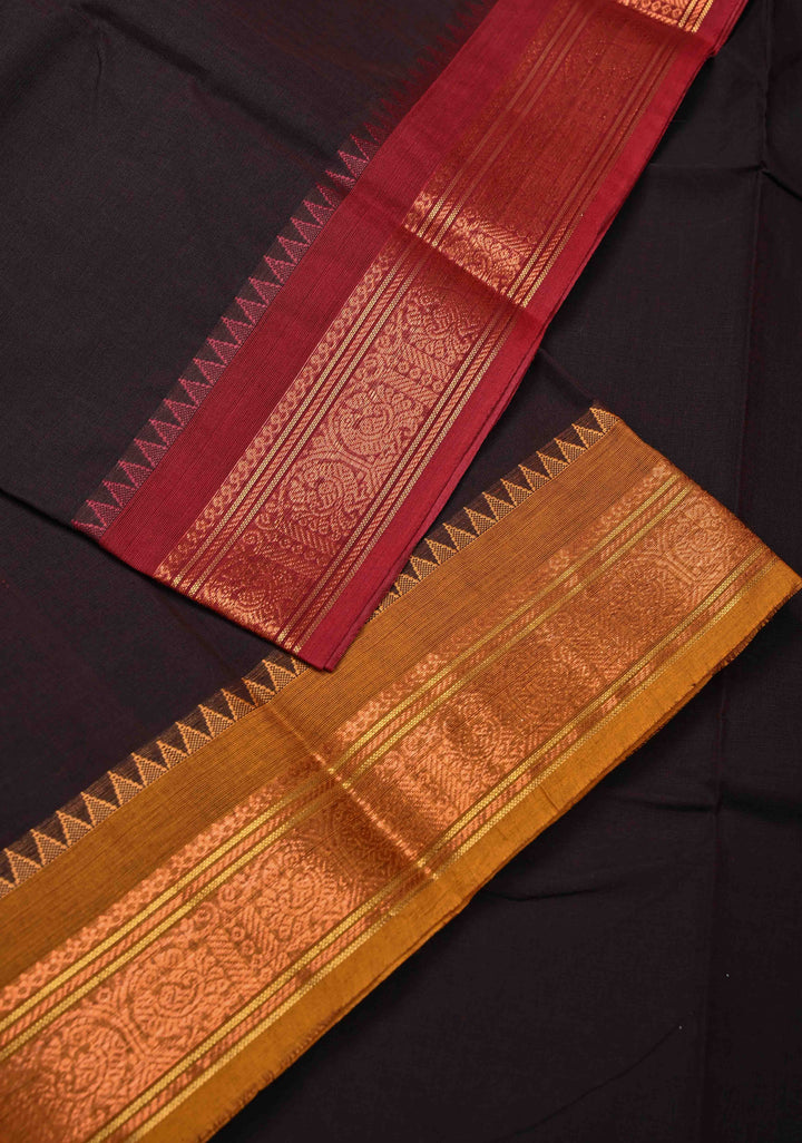 Deep Brown Kanchi Cotton Saree with Ganga Jamuna Zari Border | No Blouse piece