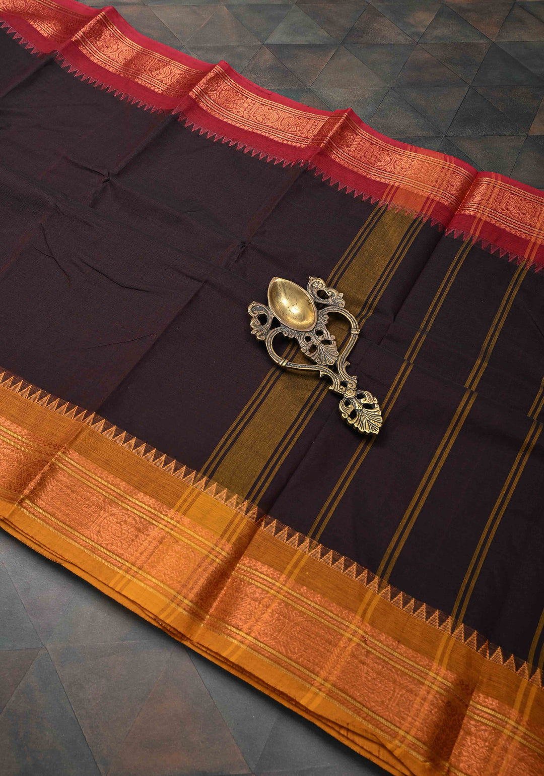 Deep Brown Kanchi Cotton Saree with Ganga Jamuna Zari Border | No Blouse piece