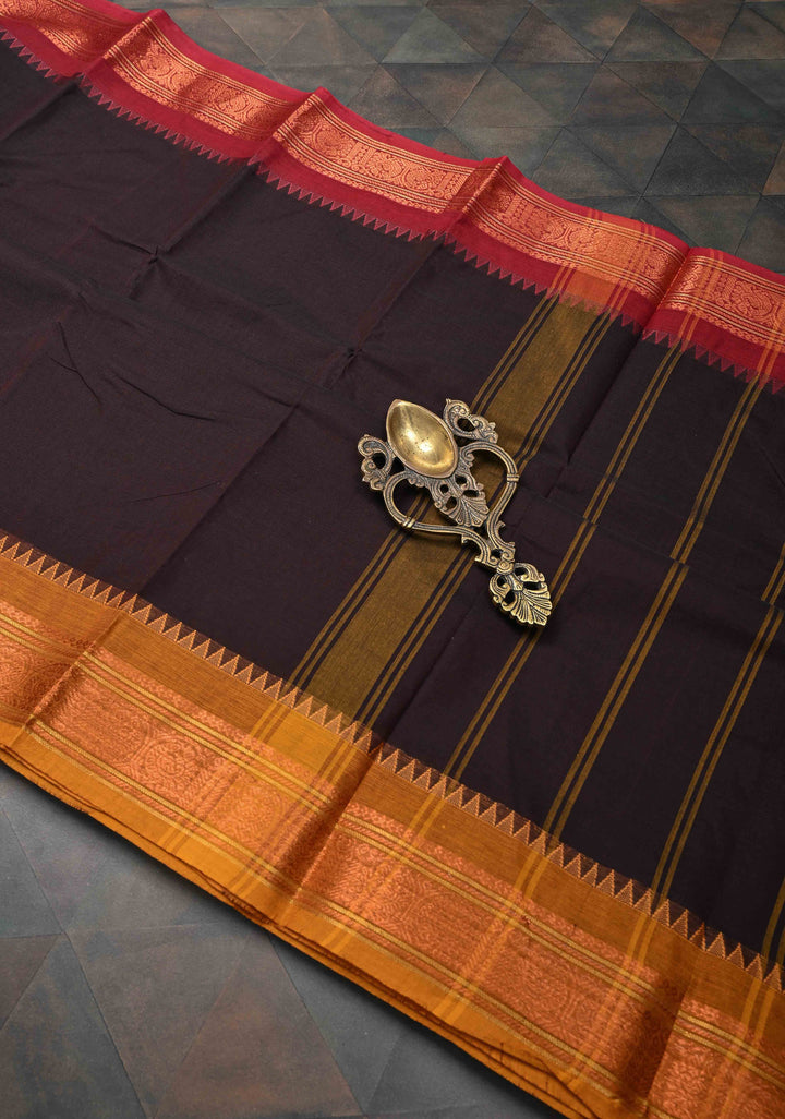 Deep Brown Kanchi Cotton Saree with Ganga Jamuna Zari Border | No Blouse piece
