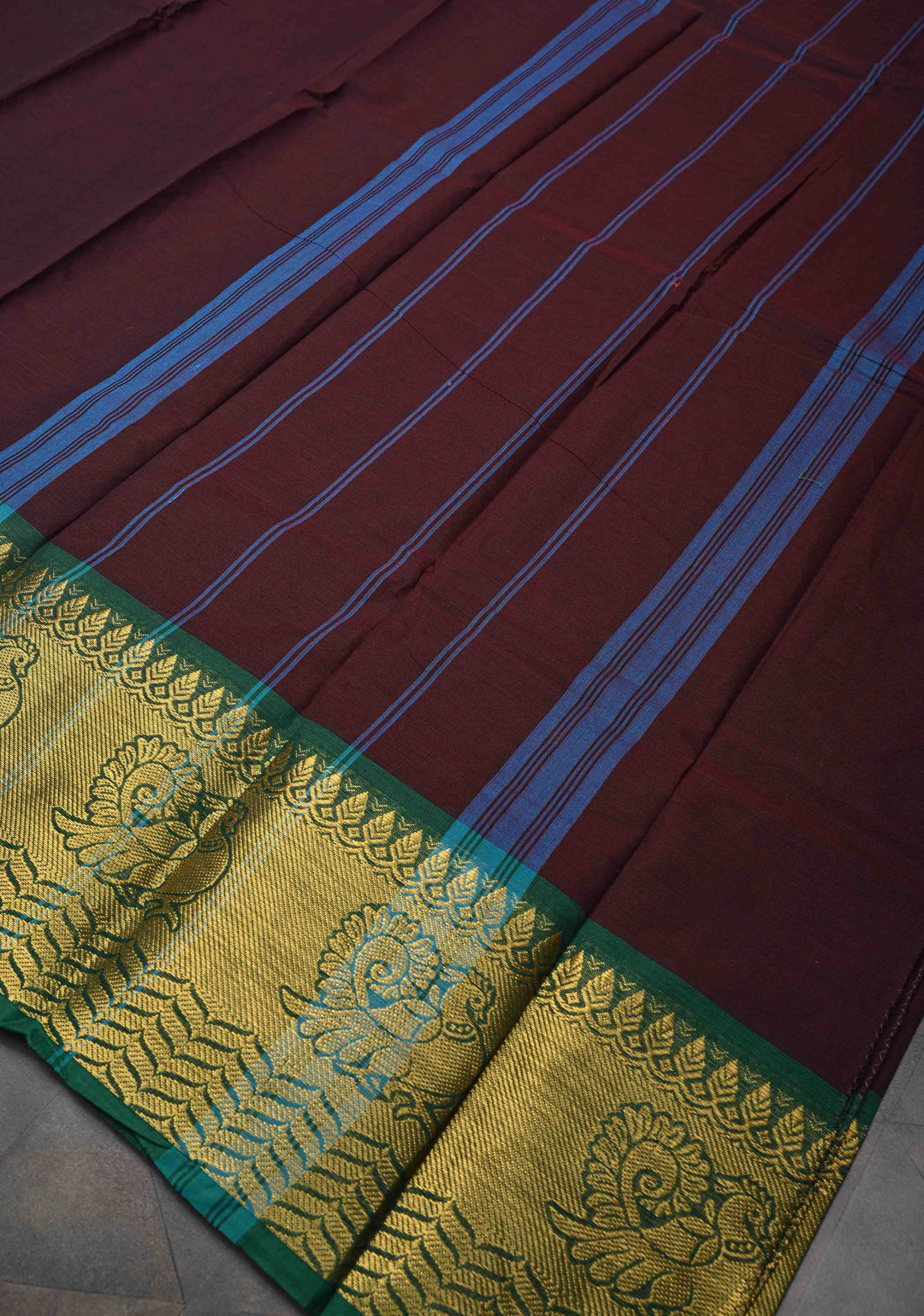 Seal Brown Kanchi Cotton Saree with Distinct Annapakshi Motifs on Contrast zari border, No Blouse piece
