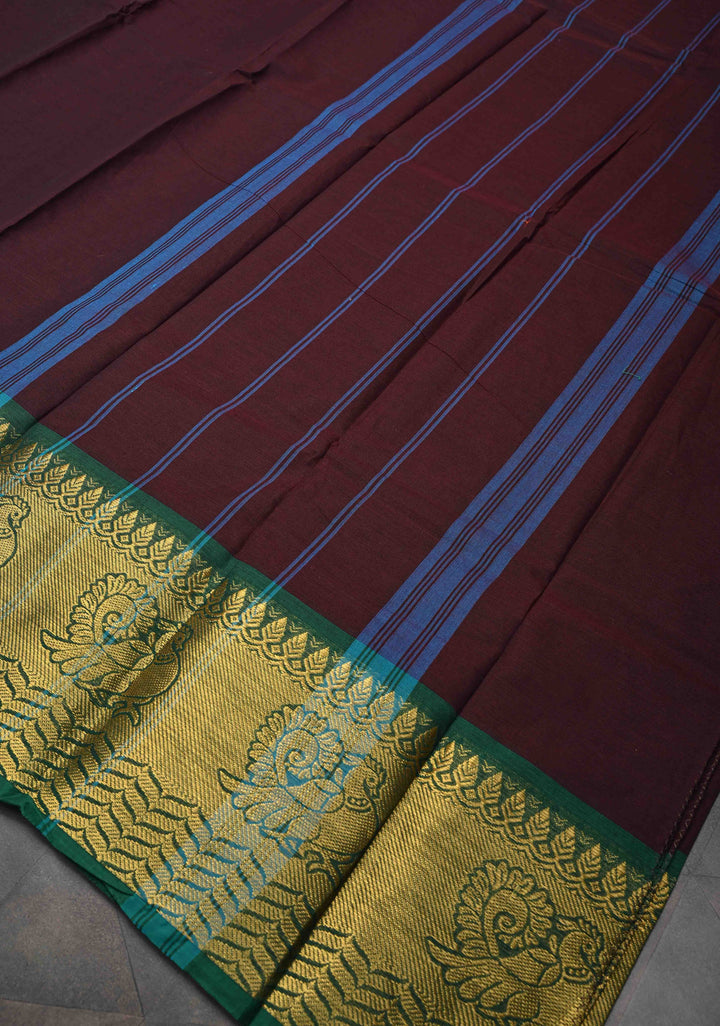 Seal Brown Kanchi Cotton Saree with Distinct Annapakshi Motifs on Contrast zari border, No Blouse piece