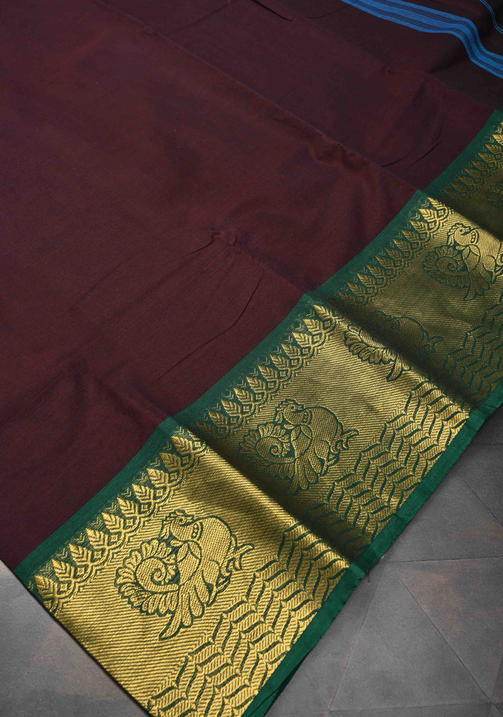 Seal Brown Kanchi Cotton Saree with Distinct Annapakshi Motifs on Contrast zari border, No Blouse piece