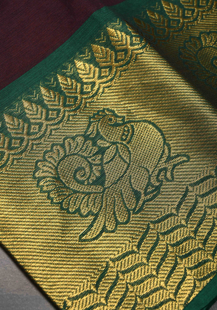 Seal Brown Kanchi Cotton Saree with Distinct Annapakshi Motifs on Contrast zari border, No Blouse piece