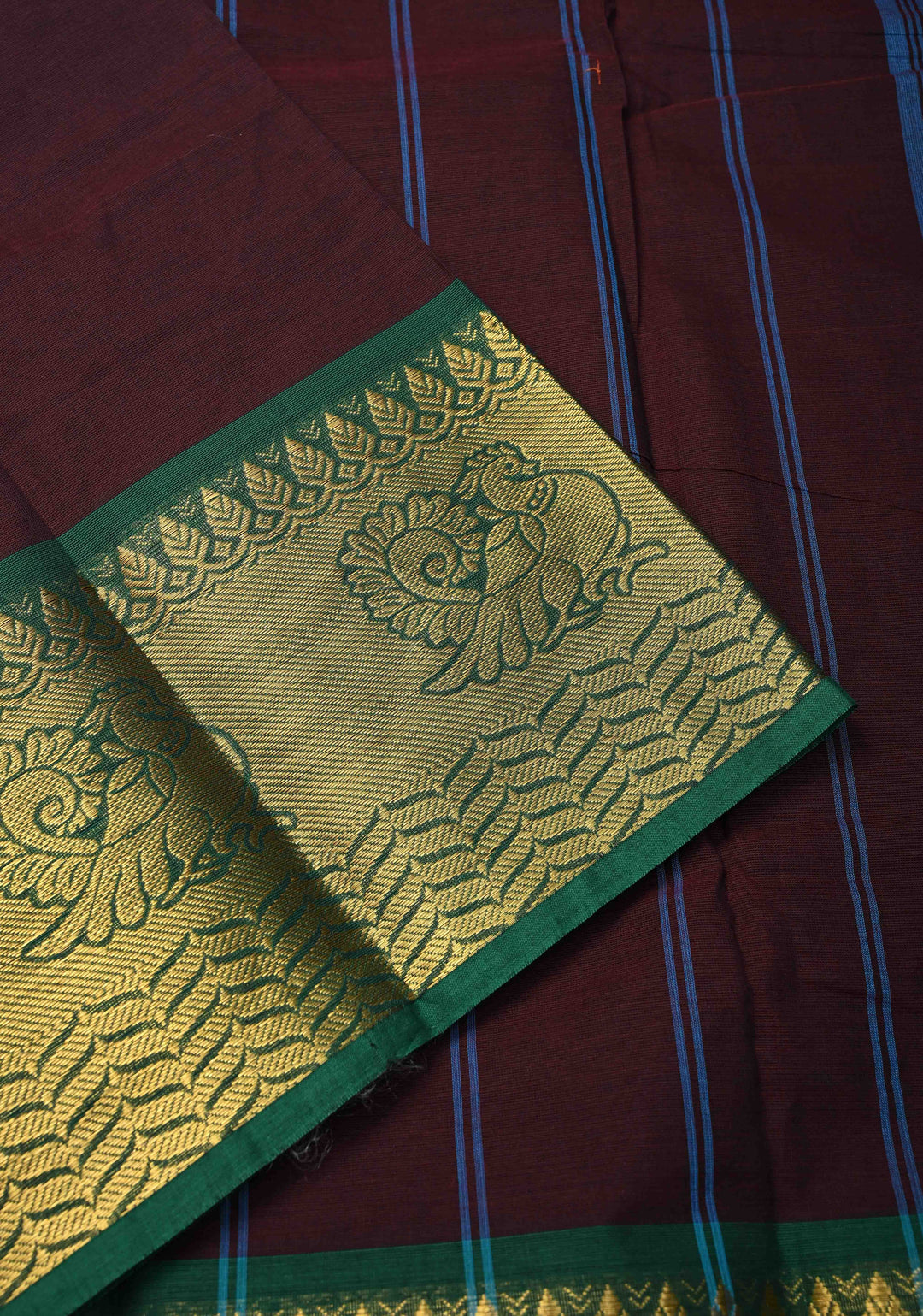 Seal Brown Kanchi Cotton Saree with Distinct Annapakshi Motifs on Contrast zari border, No Blouse piece