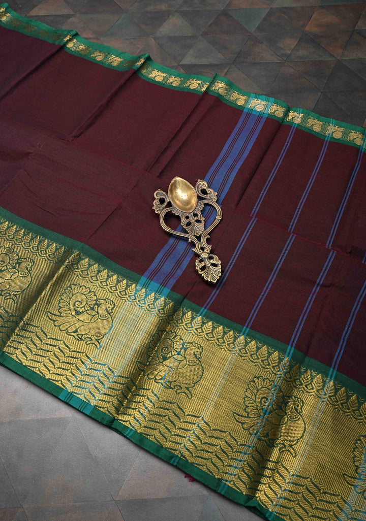 Seal Brown Kanchi Cotton Saree with Distinct Annapakshi Motifs on Contrast zari border, No Blouse piece
