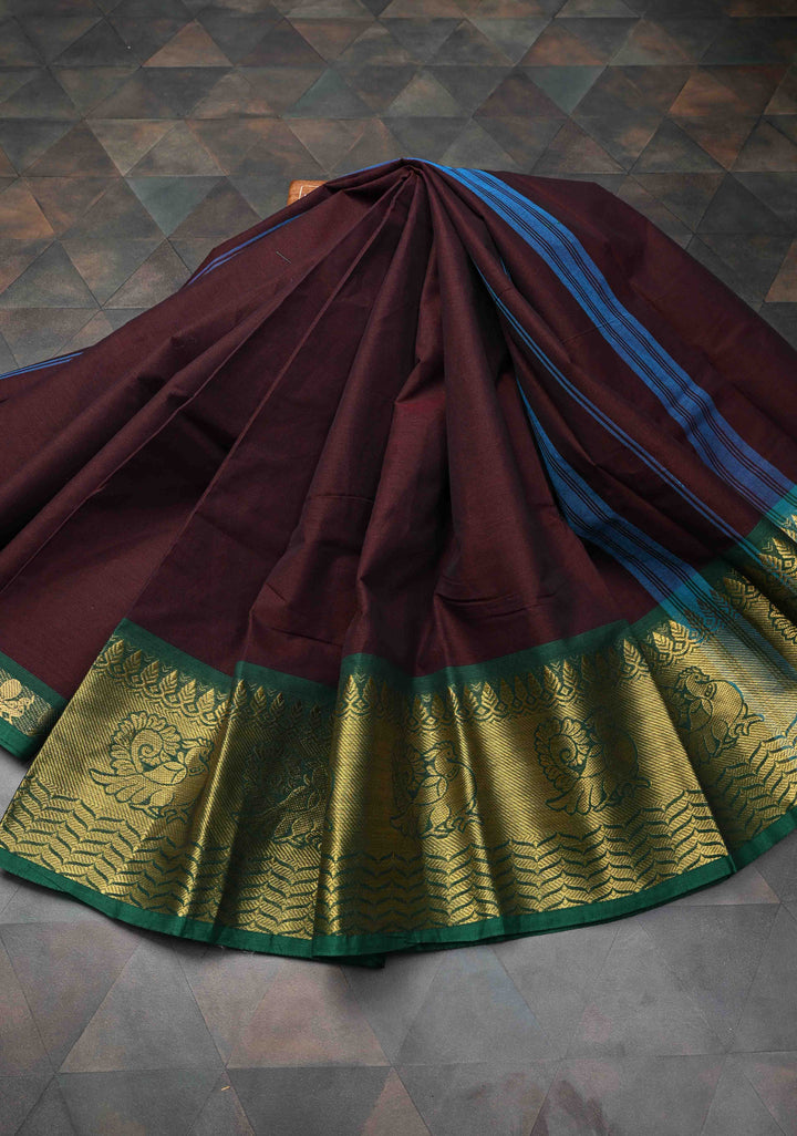 Seal Brown Kanchi Cotton Saree with Distinct Annapakshi Motifs on Contrast zari border, No Blouse piece