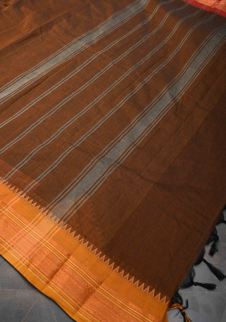 Brown Kanchi Cotton Saree with Ganga Jamuna Border, No Blouse piece