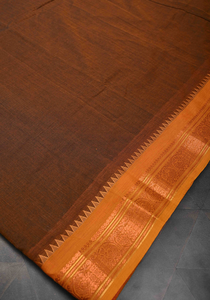 Brown Kanchi Cotton Saree with Ganga Jamuna Border, No Blouse piece