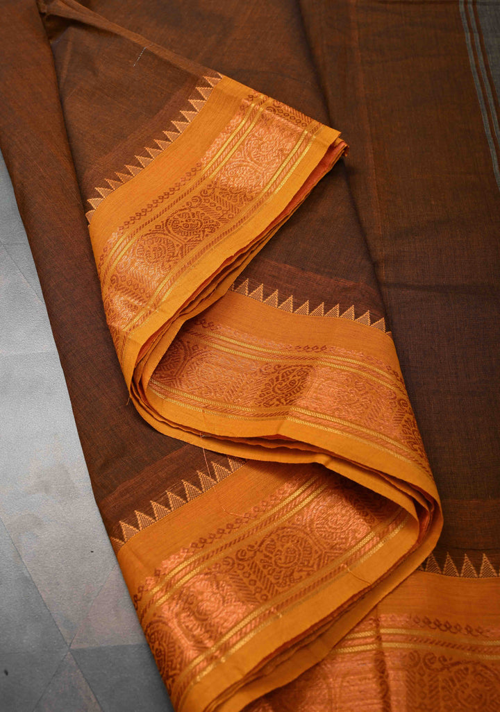 Brown Kanchi Cotton Saree with Ganga Jamuna Border, No Blouse piece